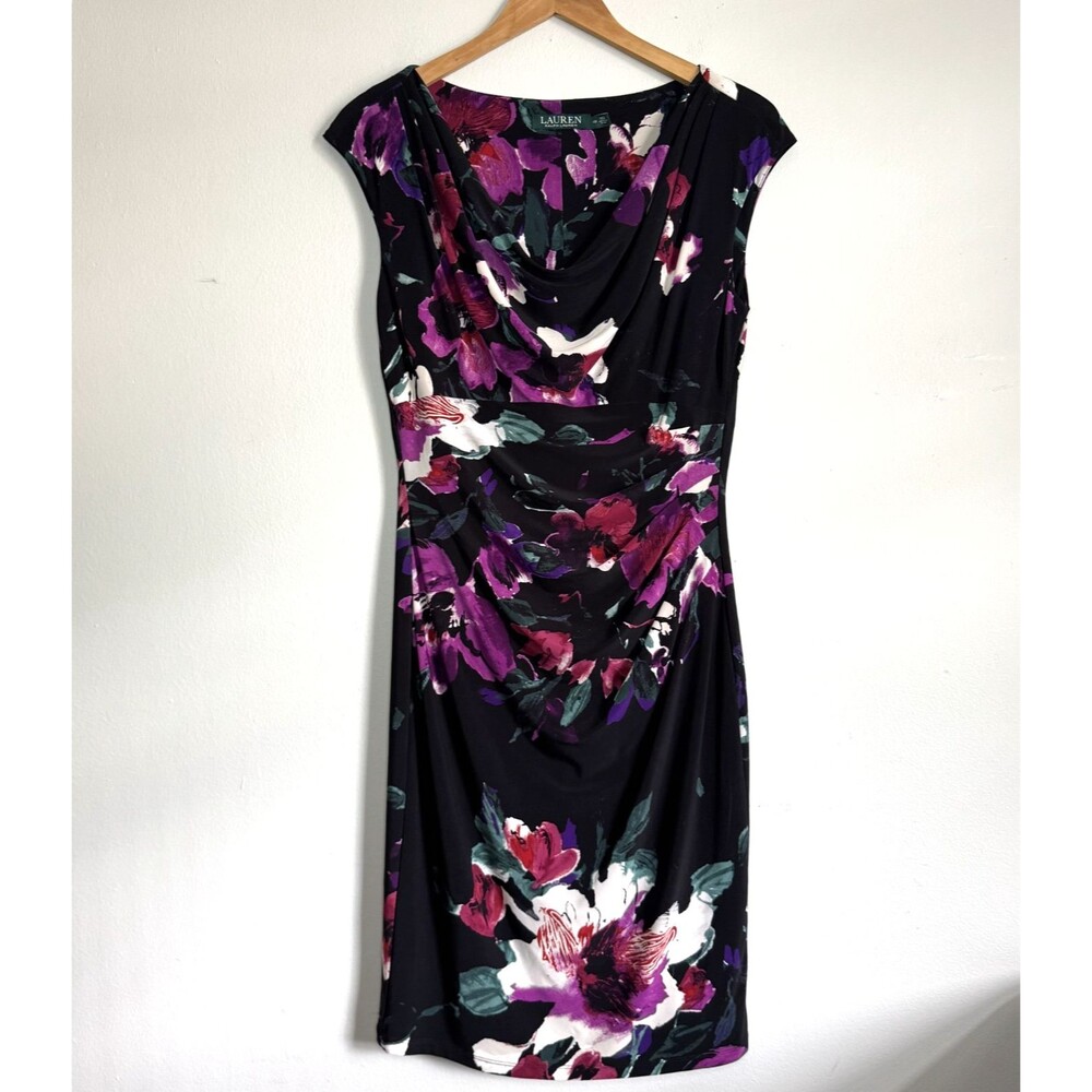 Lauren Ralph Lauren Womens Floral Print Cap Sleeves Sheath Dress Black Size 10